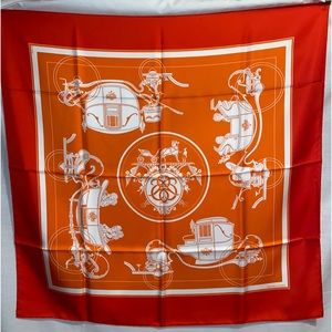 Hermes silk scarf orange with carriage and red boarder